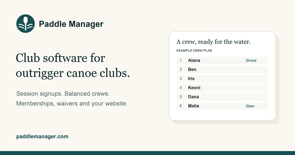 Paddle Manager preview showing an example six-person crew plan